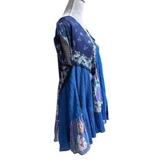 Free People XS Blue Boho Babydoll Mended With Scarves Festival Cotton Mini Dress - Picture 5 of 9